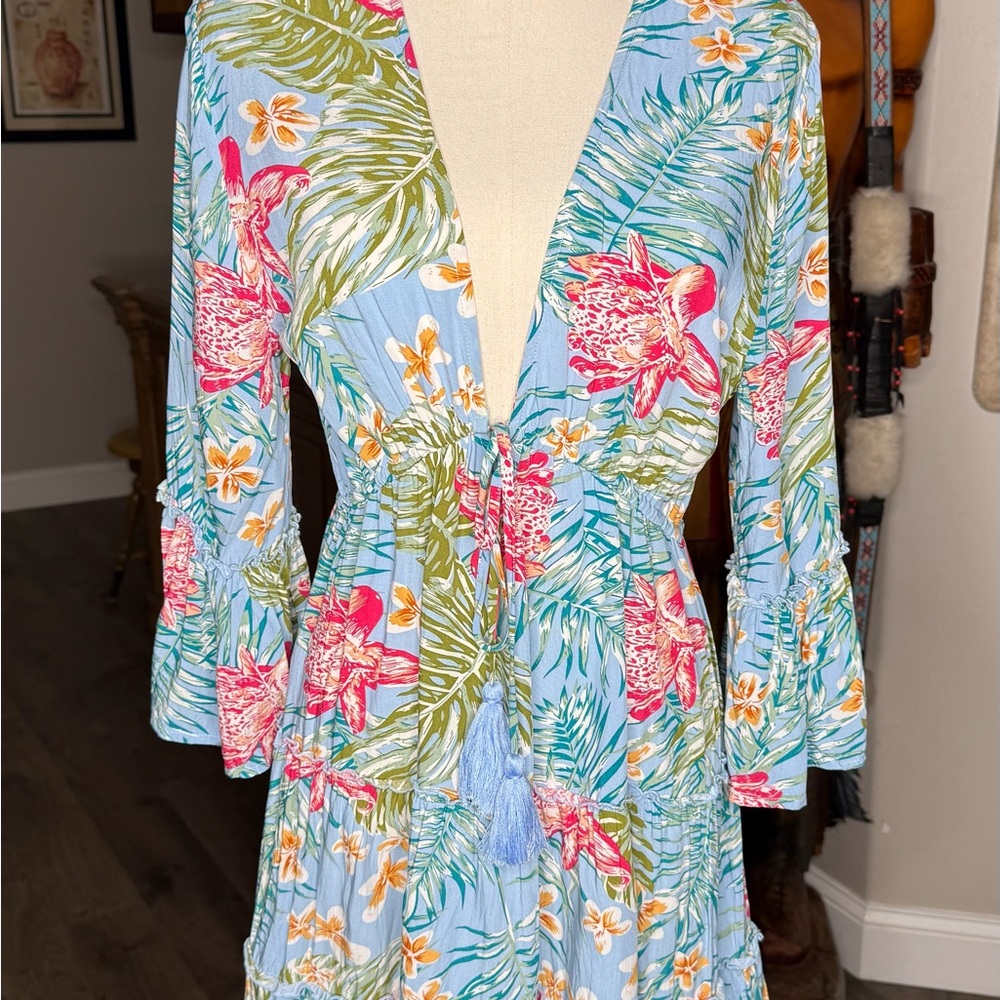 Blue Island Women's Floral Boho Drawstring Mini dress Size Large